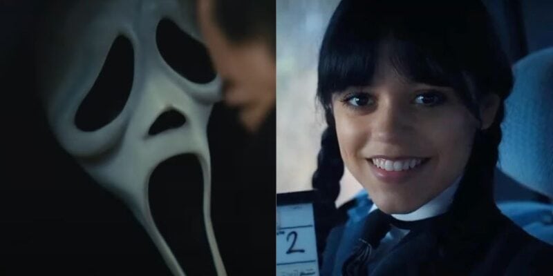 A photo of the mask in Scream next to Jenna Ortega.