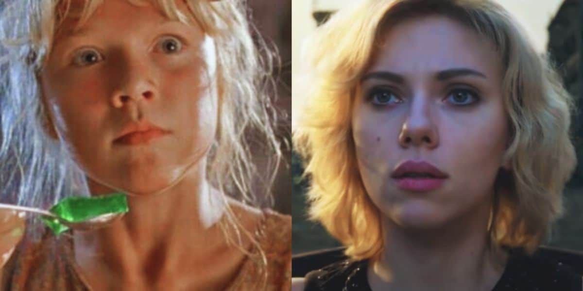(L) Lex Murphy eating jello while seeing a raptor in 'Jurassic Park' (R) Scarlett Johansson in 'Lucy'