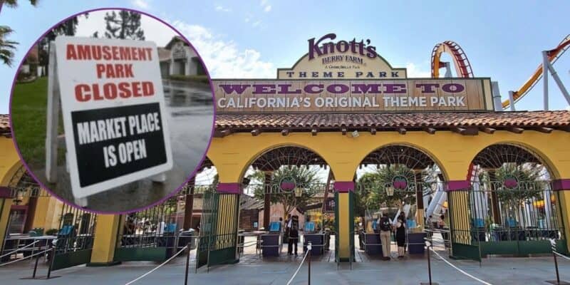Knott's berry farm: welcoming visitors to california's original theme park, juxtaposed with a sign indicating the amusement park is closed while the marketplace remains open.