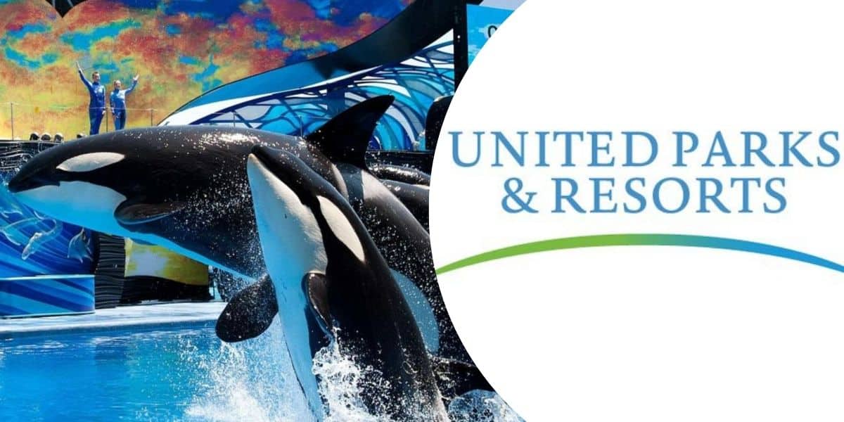 United Parks and Resorts logo with whales in the background.