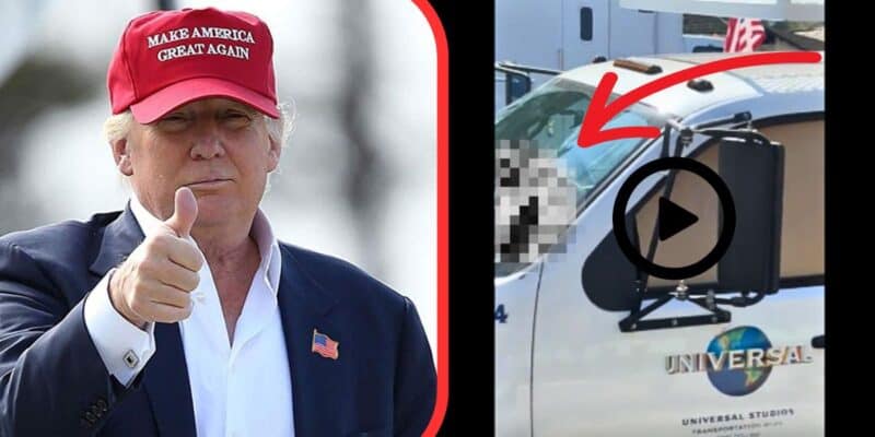 A viral video showing a Universal Employee Truck with a few MAGA hats on display.