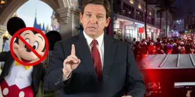 Florida Governor Ron DeSantis angerly waving his finger around with Spring Break crowds in the background at Disney World.
