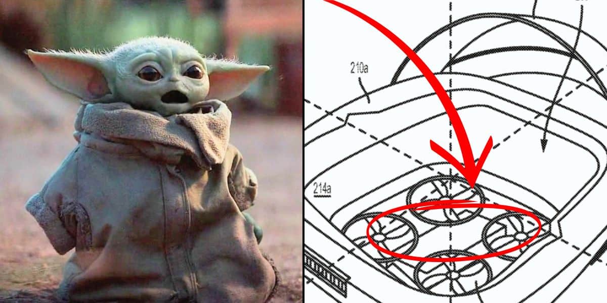 Grogu looking shocked at the Disney patent filed that looks like his pram from the hit Disney+ television show 'The Mandalorian'