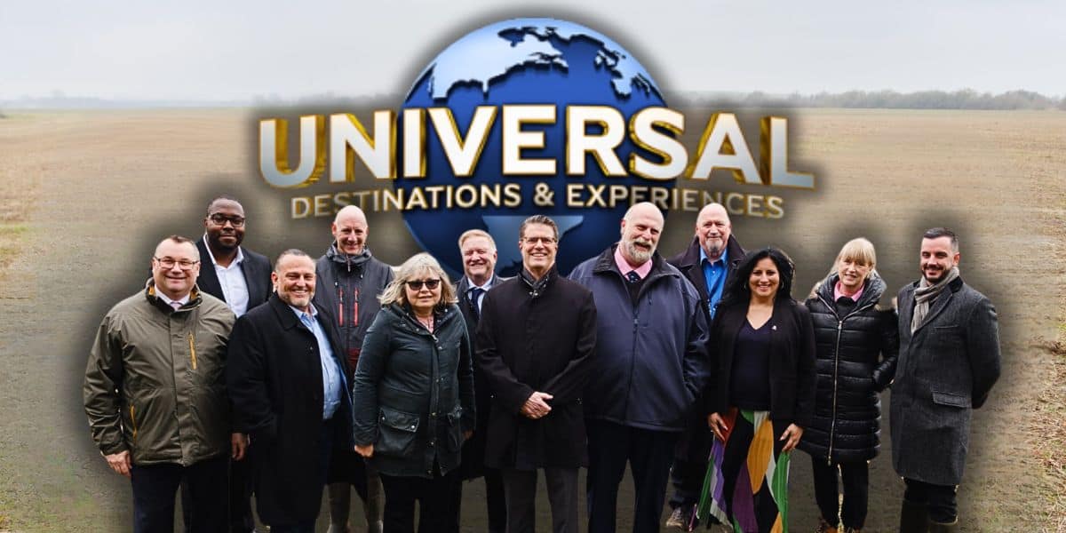 Tom Wootton, the mayor of Bedford, United Kingdom, with the Universal Destination and Experiences team in front of the new land for the new Universal Resort United Kingdom.