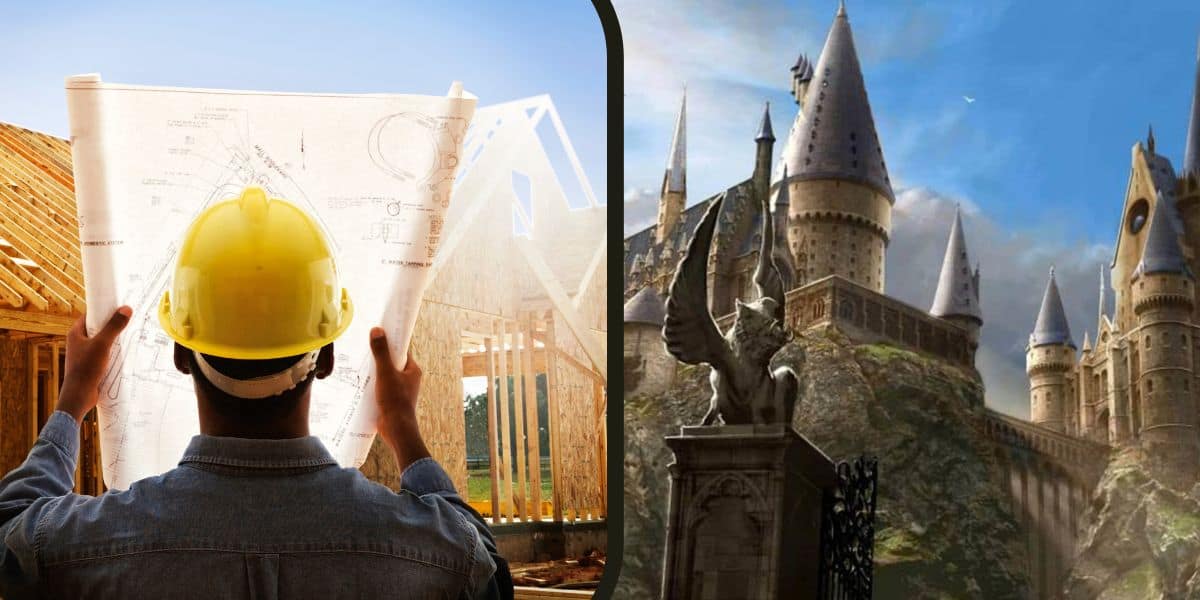 A construction worker looking at design plans inside of Universal Studios Hollywood at the Wizarding World of Harry Potter.