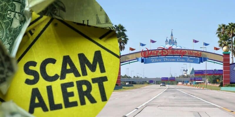 The Walt Disney World Resort entrance gates with a large "Scam Alert" sign to the left for Disney World guests.