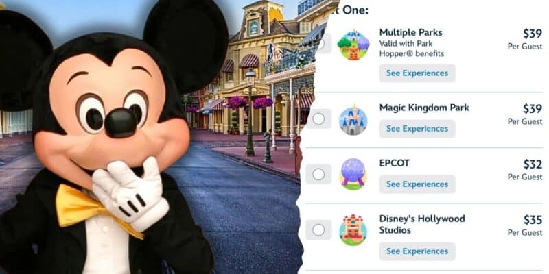 Mickey Mouse looking shocked while inside Disney World looking at the Spring Break Genie+ prices.