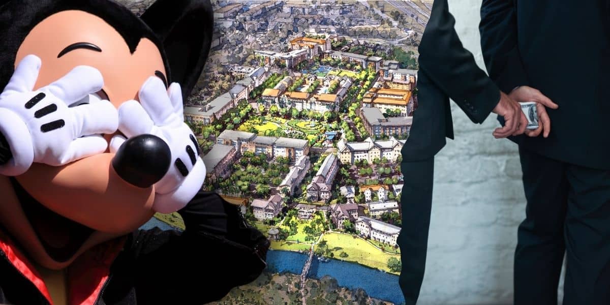 Mickey Mouse closing his eyes while a business man secretly hands money to another man inside of Disney World as the affordable housing project gets halted.