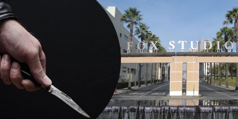A concept collage presenting a sharp contrast between creativity and darkness, with a Disney employee holding a knife on the left and the iconic entrance of Fox Studio bathed in sunlight on the right.