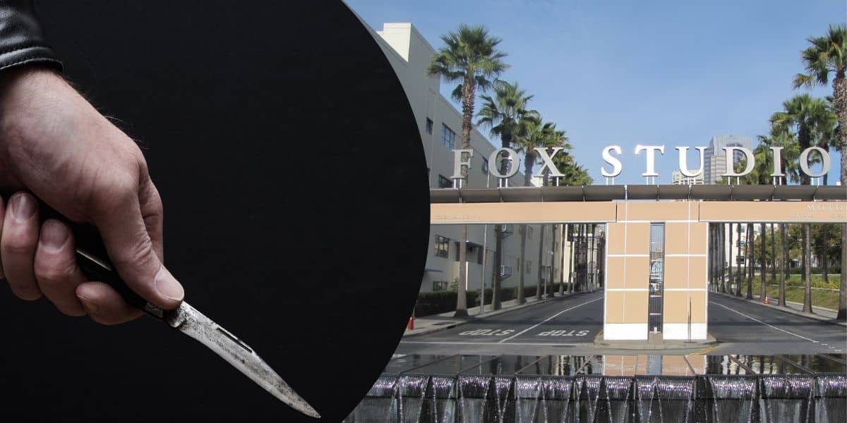 A concept collage presenting a sharp contrast between creativity and darkness, with a Disney employee holding a knife on the left and the iconic entrance of Fox Studio bathed in sunlight on the right.