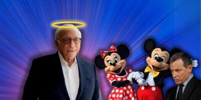 A whimsical gathering with an esteemed Nelson Peltz sporting a halo, joined by the iconic Mickey and Minnie Mouse characters from the Walt Disney Company, while Bob Iger appears somewhat unimpressed against a cosmic background.