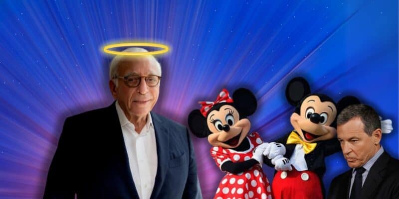 A whimsical gathering with an esteemed Nelson Peltz sporting a halo, joined by the iconic Mickey and Minnie Mouse characters from the Walt Disney Company, while Bob Iger appears somewhat unimpressed against a cosmic background.