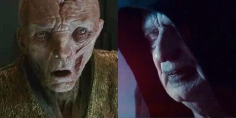 (L to R) Snoke being killed in 'The Last Jedi'/Emperor Palpatine in 'The Rise of Skywalker'