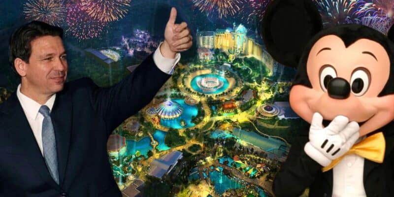 Ron DeSantis giving a thumbs up next to an image of Epic Universe, an amusement park with fireworks, and an illustration of Mickey Mouse covering his mouth with his hands as if shocked.