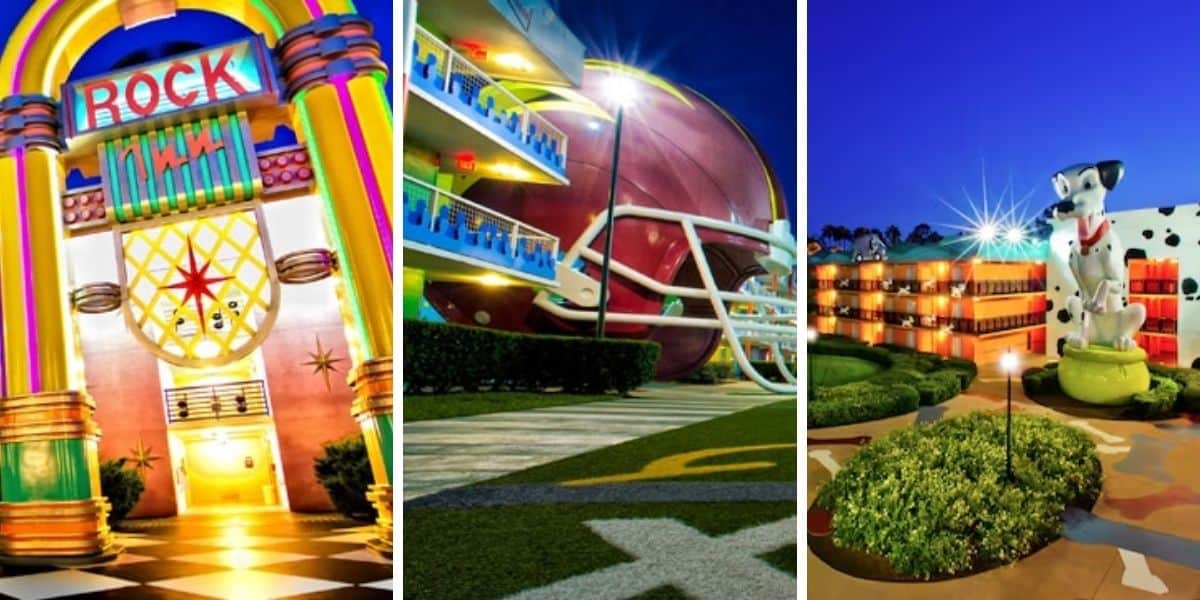 The exterior areas of the three Disney All-Star Resorts.