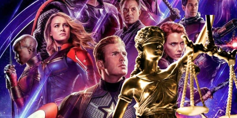 A creative mashup of superhero characters from a well-known franchise with the iconic symbol of justice, the blindfolded lady justice, wielding her scales and sword.