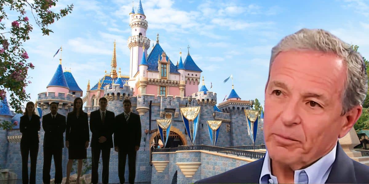 Bob Iger in front of a Disney castle with shadowy figures