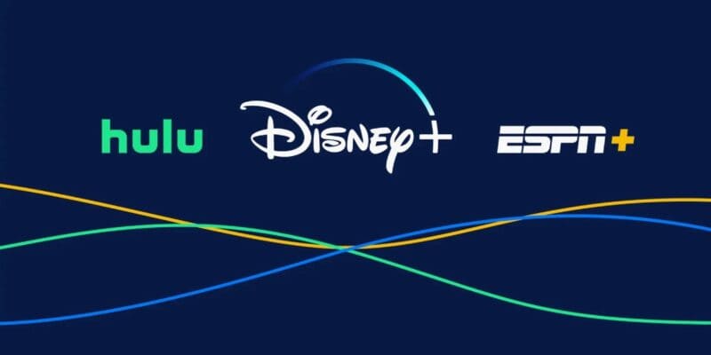 Streaming service synergy: hulu, disney+, and espn+ logos intertwined with colorful dynamic lines against a dark blue background.