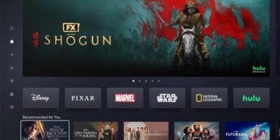 A screenshot of a streaming service interface featuring a promotional banner for the show "shogun" on fx, with various entertainment studio icons like disney, pixar, marvel, star wars, national geographic, and hulu below it, as well as a selection of recommended content for the user.