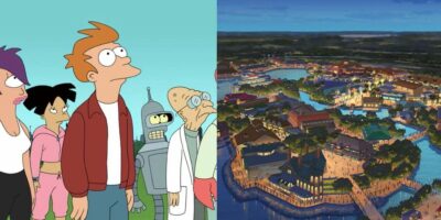 On the left, characters from the animated show "Futurama" stand together, led by Fry. On the right, an aerial view of a quaint, historic European town at dusk.