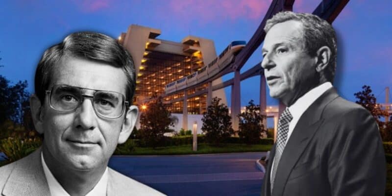 Howard Roland and Bob Iger pictured in front of Disney's Contemporary Resort.