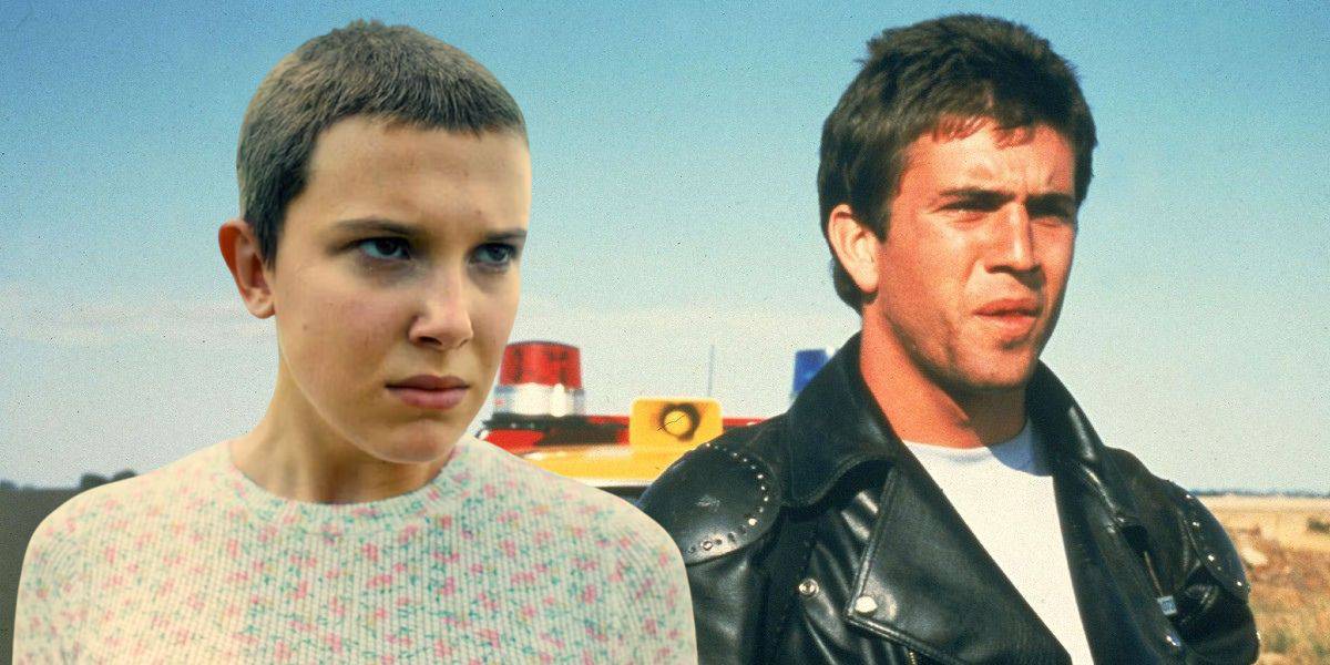 Eleven (Millie Bobby Brown) and Mad Max (Mel Gibson) collaged together