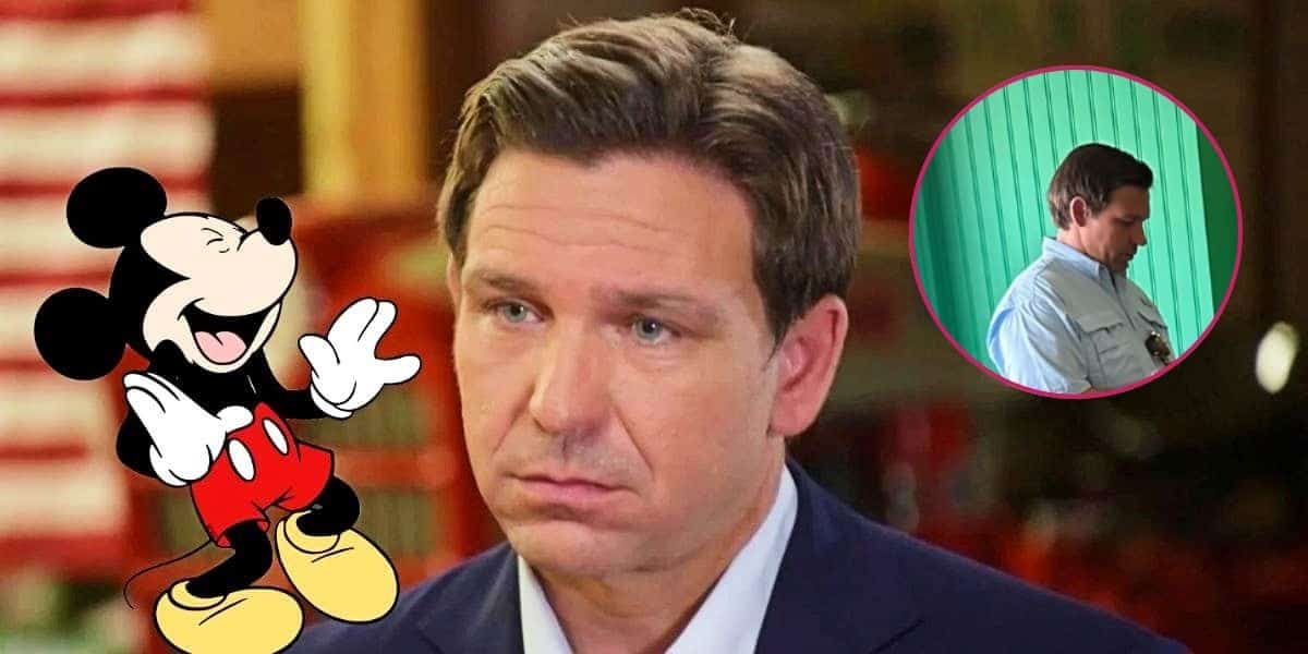 Ron DeSantis in a speech, Mickey Mouse laughing, DeSantis at Universal