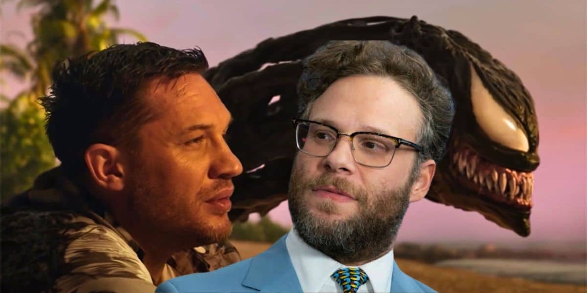 Seth Rogen (middle) edited in between Tom Hardy's Eddie Brock (left) and Venom (right) at the beach