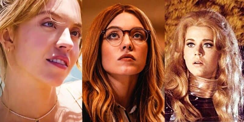 A collage of Sydney Sweeney from Anyone But You and Madame Web, with Jane Fond in Barbarella