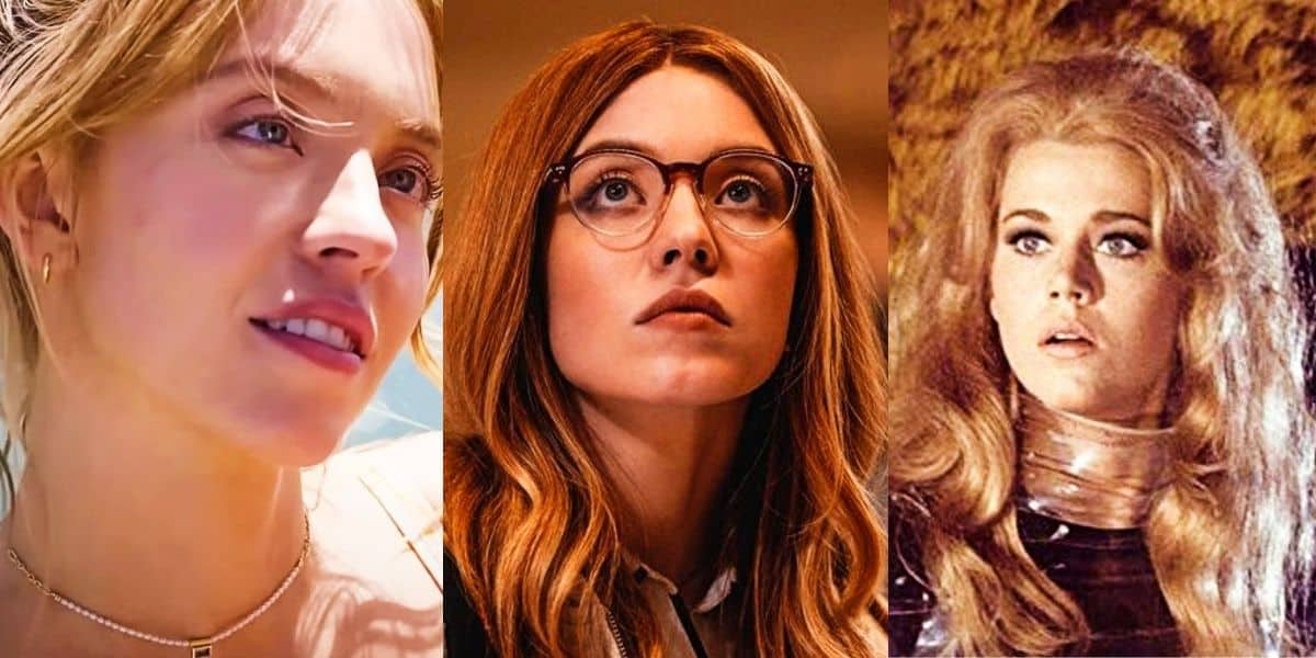 A collage of Sydney Sweeney from Anyone But You and Madame Web, with Jane Fond in Barbarella