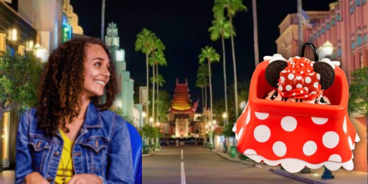 A woman looks at a kitchen sink ice cream sundae in front of Disney's Hollywood Studios at Disney World.