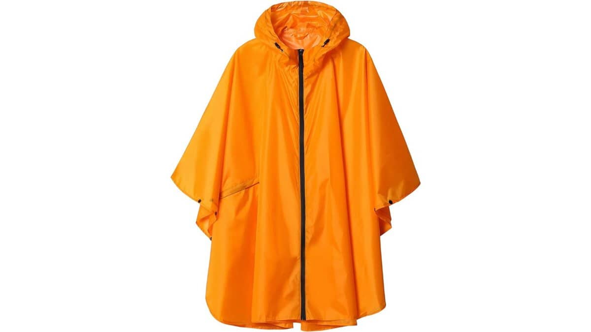 Best rain ponchos for Disney: Bright orange rain poncho with an attached hood, displayed on a white background. the poncho is unisex and appears sleek and water-resistant.
