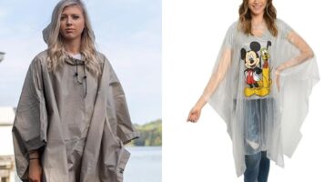 Two women modeling different rain ponchos outdoors; one in a neutral, solid color and the other in a clear material with a mickey mouse design.