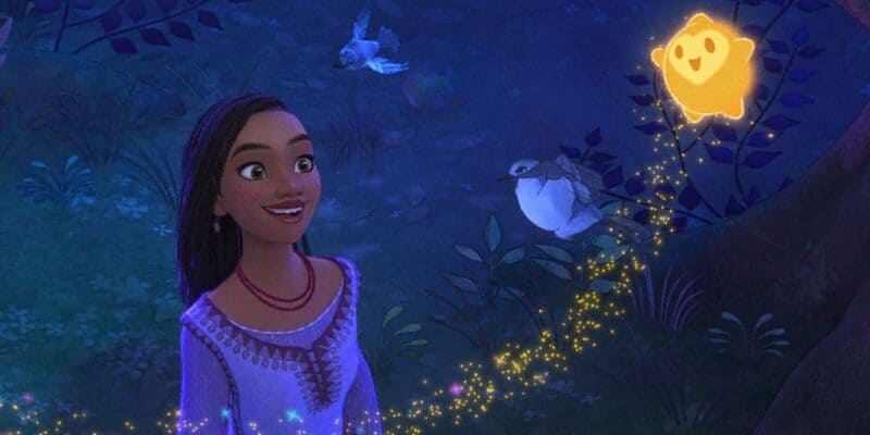 An animated girl in a white and purple dress smiles as she gazes at a glowing, yellow fantastical creature. they are surrounded by a mystical, dark blue forest with glowing flowers and flitting white birds.