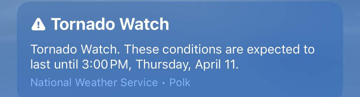 Notification of a tornado watch by the national weather service for polk, stating conditions expected until 3:00 pm, thursday, april 11.