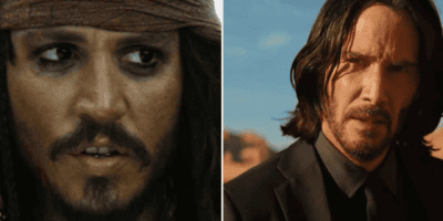 A side-by-side comparison of two iconic movie characters, including a pirate from the "Pirates of the Caribbean" franchise, in their respective film settings.