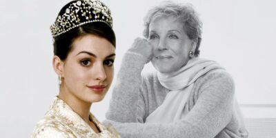 A split image featuring a young woman in a royal crown on the left, reminiscent of the Princess Diaries, and an older woman with a scarf smiling on the right, both against a light background.