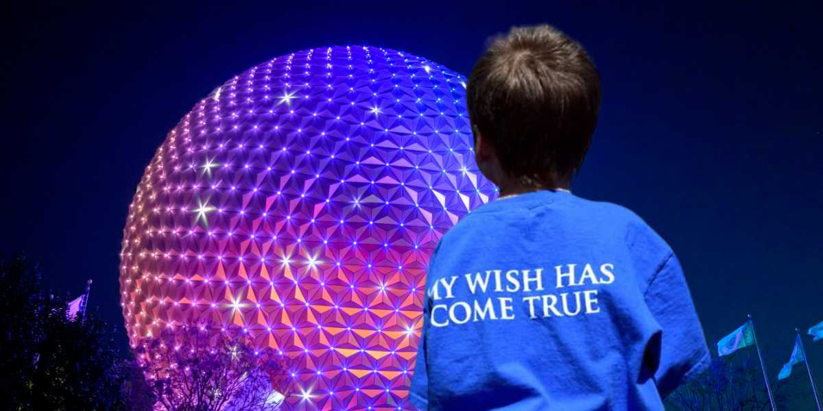 A young boy in a blue t-shirt that reads "my wish has come true" gazes at a brightly lit, spherical building, EPCOT's Spaceship Earth, under a night sky.