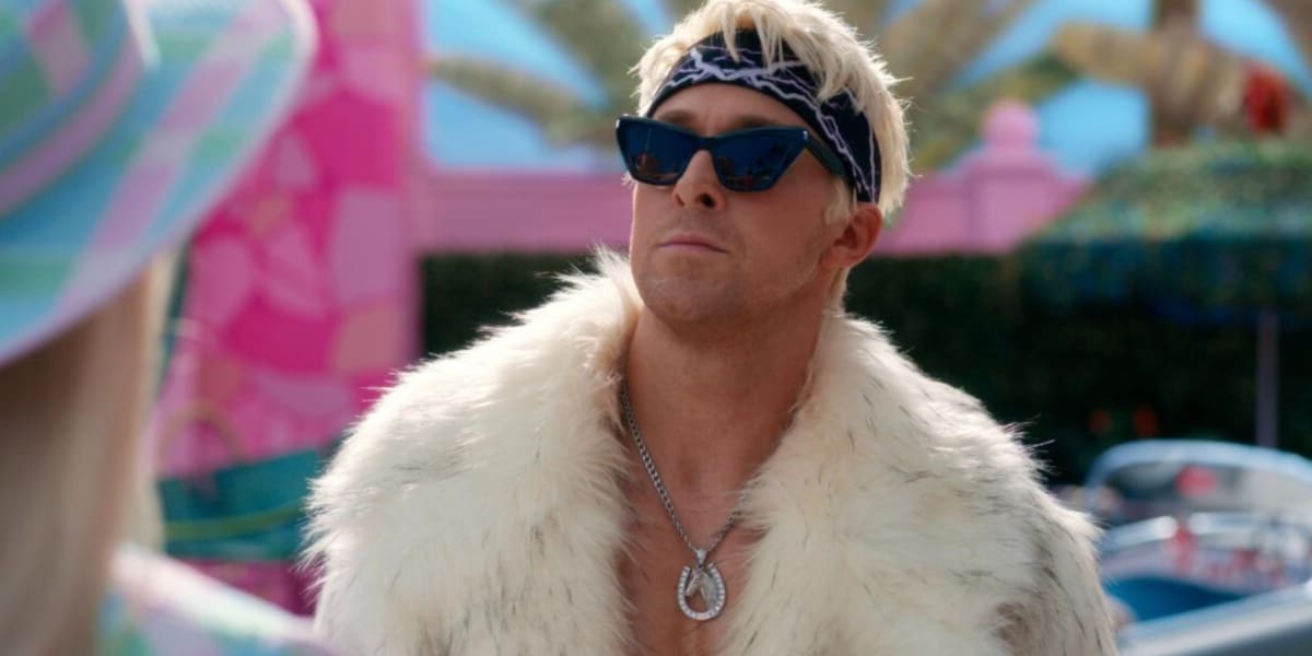 Ken (Ryan Gosling) looking upset in a fur vest and sunglasses