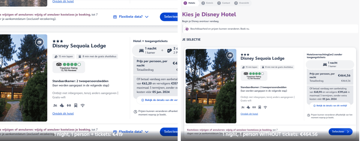 The image depicts a comparison of hotel prices and packages for the disney sequoia lodge across different travel websites. the left side shows a 4-star rating and an image of the lodge nestled among trees, while the right side displays various pricing options, including room rates and package deals with disney tickets, all aiming to provide potential guests with options for their stay at the disney resort.