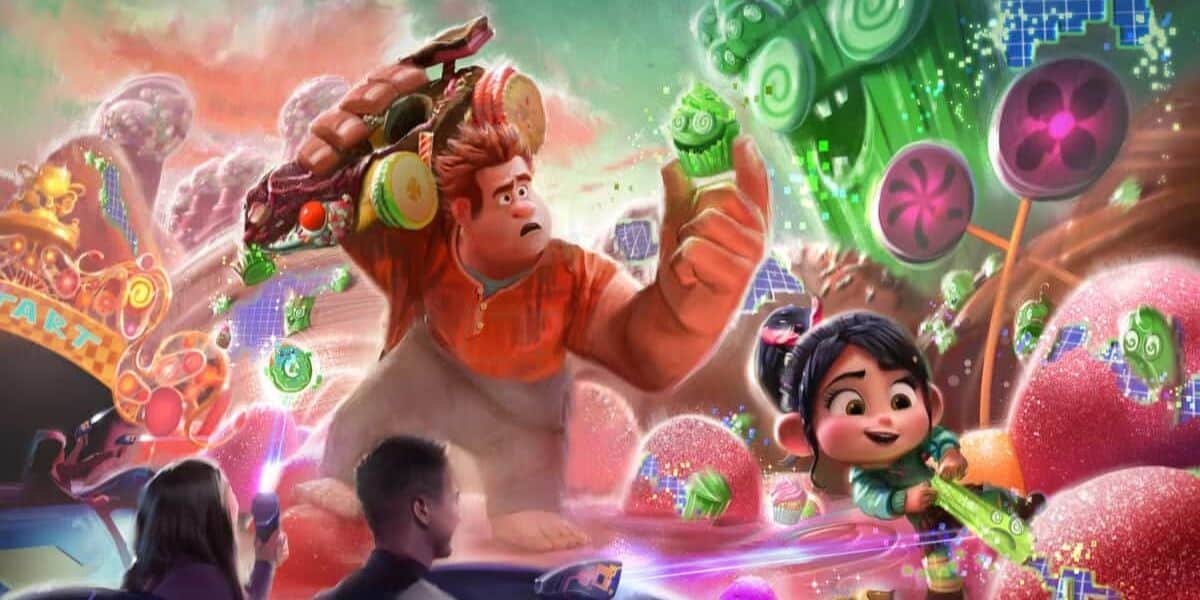 An animated scene with characters Ralph and Vanellope in a vibrant, colorful Sugar Rush game world filled with neon lights, candies, and whimsical architecture.