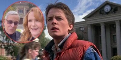 A startled young man in a red vest stands in front of a clock tower, with an inset image of two smiling people. Back to the Future.