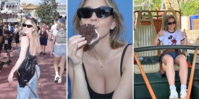 Enjoying iconic moments: a person savoring a delicious mickey-shaped treat, strolling through a bustling amusement park, and taking a joyful ride on a classic attraction.