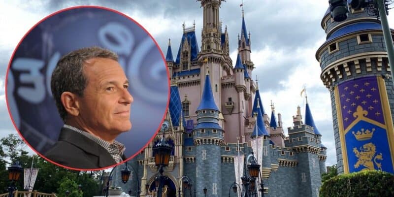 Disney's magic kingdom under a cloudy sky with an inset of disney's ceo smiling confidently.