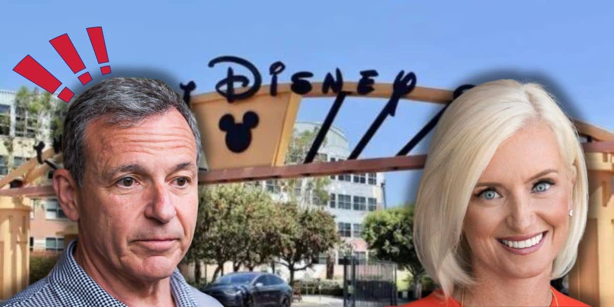 Disney CEO Bob Iger and current board member Carolyn Everson in front of the iconic Walt Disney Company signage with an emphasis alert symbol indicating a significant announcement or event.