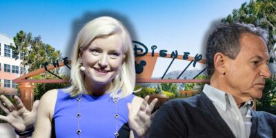 Current Disney board member Carolyn Everson with Disney CEO Bob Iger with the iconic Walt Disney Company building in the background, signaling a narrative of leadership and decision-making at the entertainment giant.