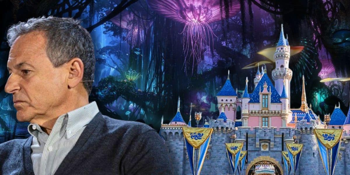 A pensive Bob Iger juxtaposed with a fantastical scene featuring an enchanted forest and a whimsical castle reminiscent of Disneyland.