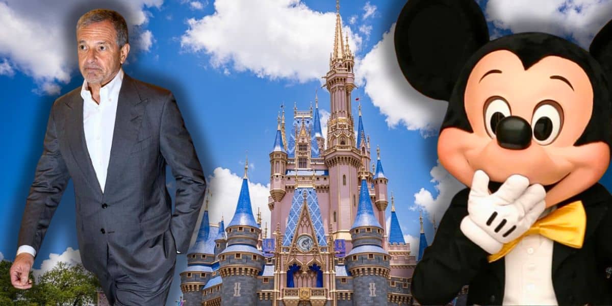 A montage showcasing Disney CEO Bob Iger walking, the iconic Cinderella castle at Disney world, and mickey mouse covering his mouth with his hand, set against a sky with clouds.