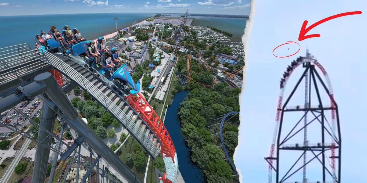 Thrill-seekers experience an adrenaline rush on a Top Thrill 2 roller coaster at Cedar Point, overlooking a scenic waterfront.
