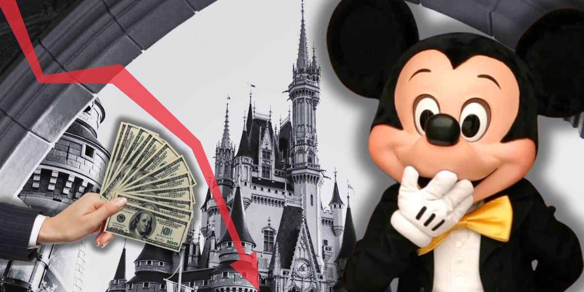 Mickey mouse standing next to images symbolizing financial success and a fairy tale castle, representing the blend of entertainment and business in the magic of Disney.